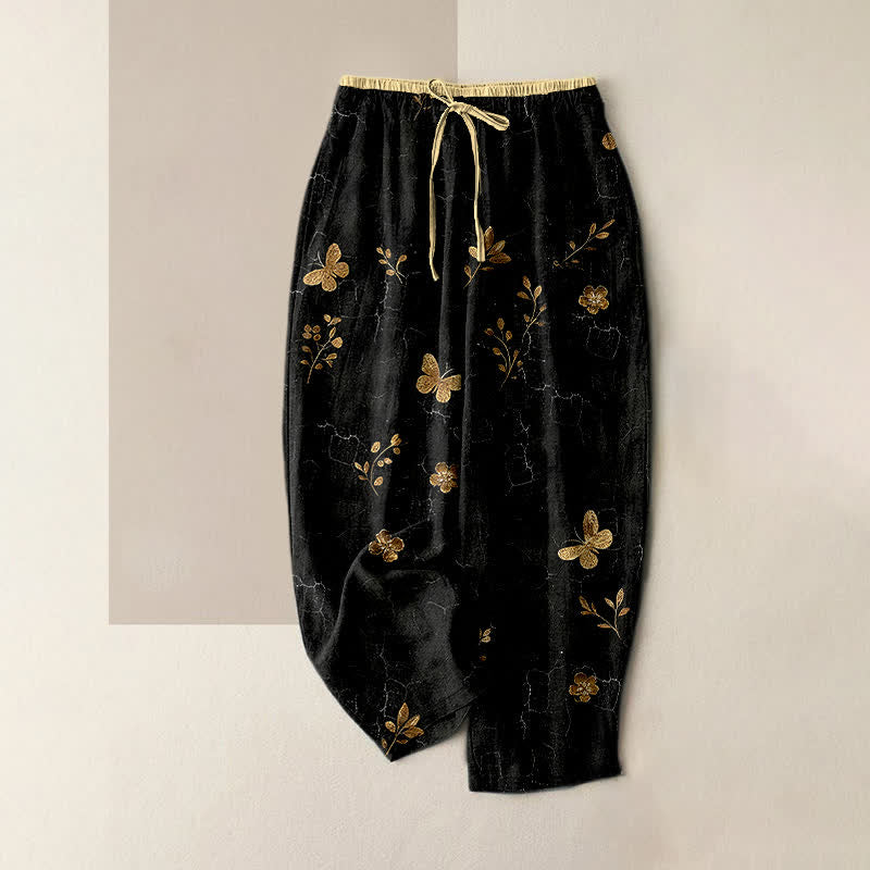 Buddha Stones Damenhose aus reiner Baumwolle mit goldenem Schmetterlings- und Blumenmuster, elastischem Bund und Taschen - Schwarz - US16, UK/AU20, EU48 (3XL) - image 5