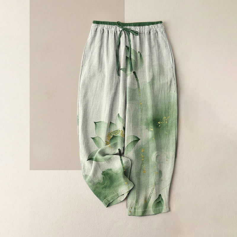 Buddha Stones Damenhose aus reiner Baumwolle mit Lotus-Goldfleckenmuster, elastischem Bund und Taschen - Dunkelseegrün - US16, UK/AU20, EU48 (3XL) - image 0
