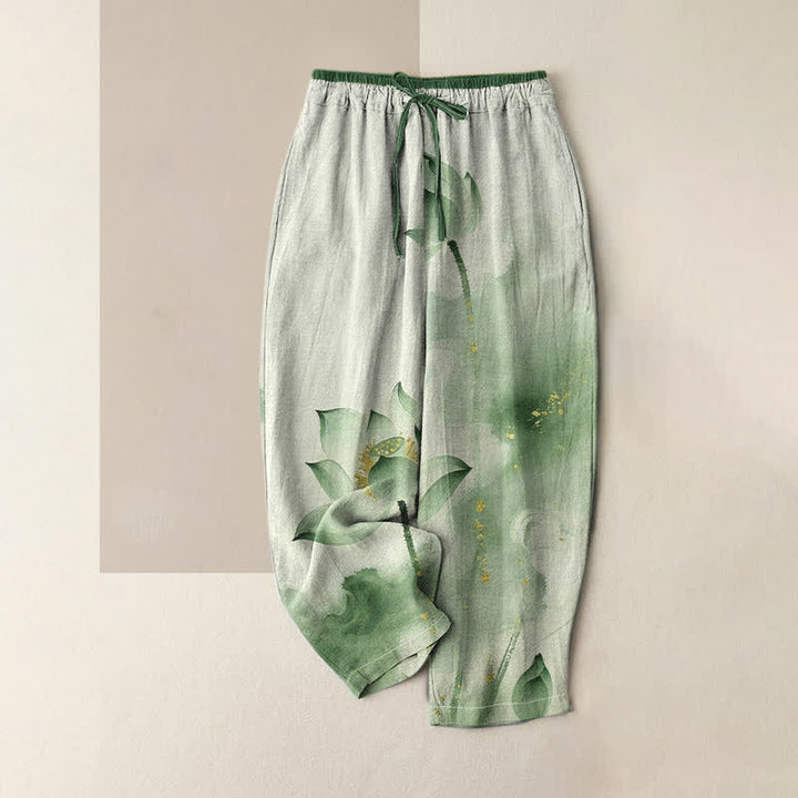 Buddha Stones Damenhose aus reiner Baumwolle mit Lotus-Goldfleckenmuster, elastischem Bund und Taschen - Dunkelseegrün - US16, UK/AU20, EU48 (3XL) - image 0