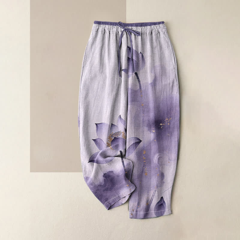 Buddha Stones Damenhose aus reiner Baumwolle mit Lotus-Goldfleckenmuster, elastischem Bund und Taschen - Lavendel - US16, UK/AU20, EU48 (3XL) - image 3