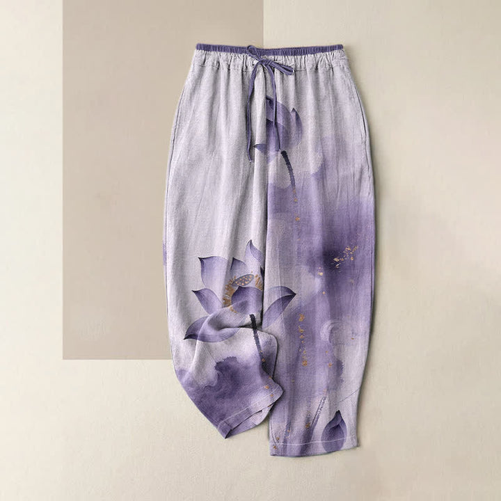 Buddha Stones Damenhose aus reiner Baumwolle mit Lotus-Goldfleckenmuster, elastischem Bund und Taschen - Lavendel - US16, UK/AU20, EU48 (3XL) - image 3