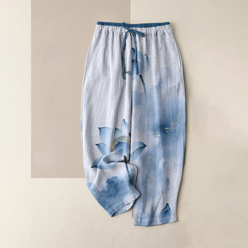 Buddha Stones Damenhose aus reiner Baumwolle mit Lotus-Goldfleckenmuster, elastischem Bund und Taschen - Azurblau - US16, UK/AU20, EU48 (3XL) - image 4