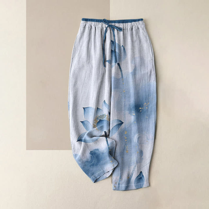 Buddha Stones Damenhose aus reiner Baumwolle mit Lotus-Goldfleckenmuster, elastischem Bund und Taschen - Azurblau - US16, UK/AU20, EU48 (3XL) - image 4