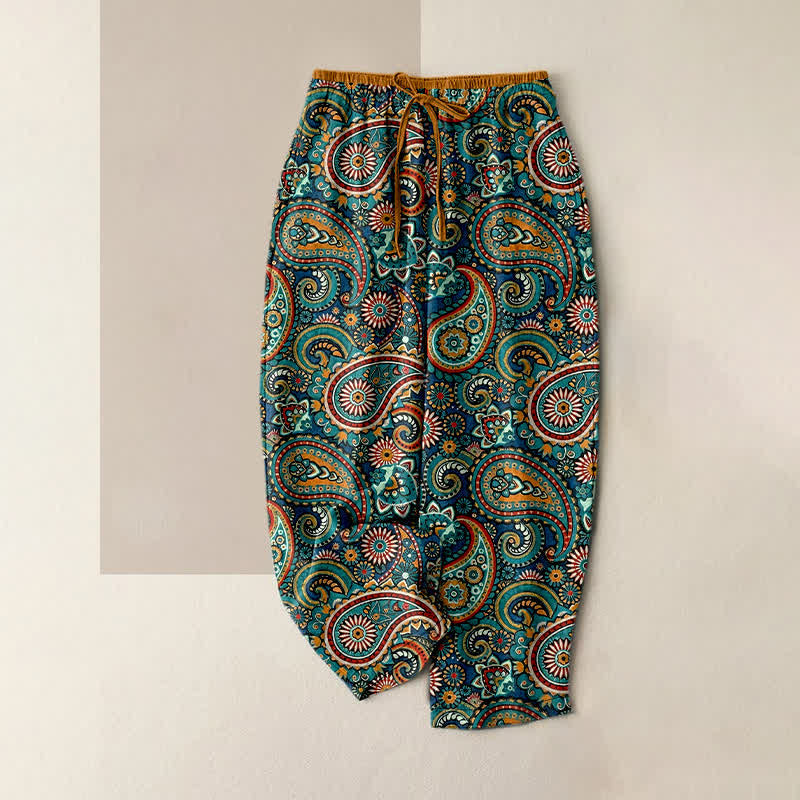 Buddha Stones Damenhose aus reiner Baumwolle mit Paisley-Blumenmuster, elastischem Bund und Taschen - Türkis - US16, UK/AU20, EU48 (3XL) - image 0