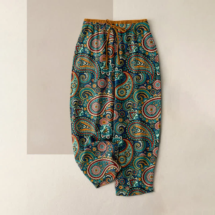 Buddha Stones Damenhose aus reiner Baumwolle mit Paisley-Blumenmuster, elastischem Bund und Taschen - Türkis - US16, UK/AU20, EU48 (3XL) - image 0