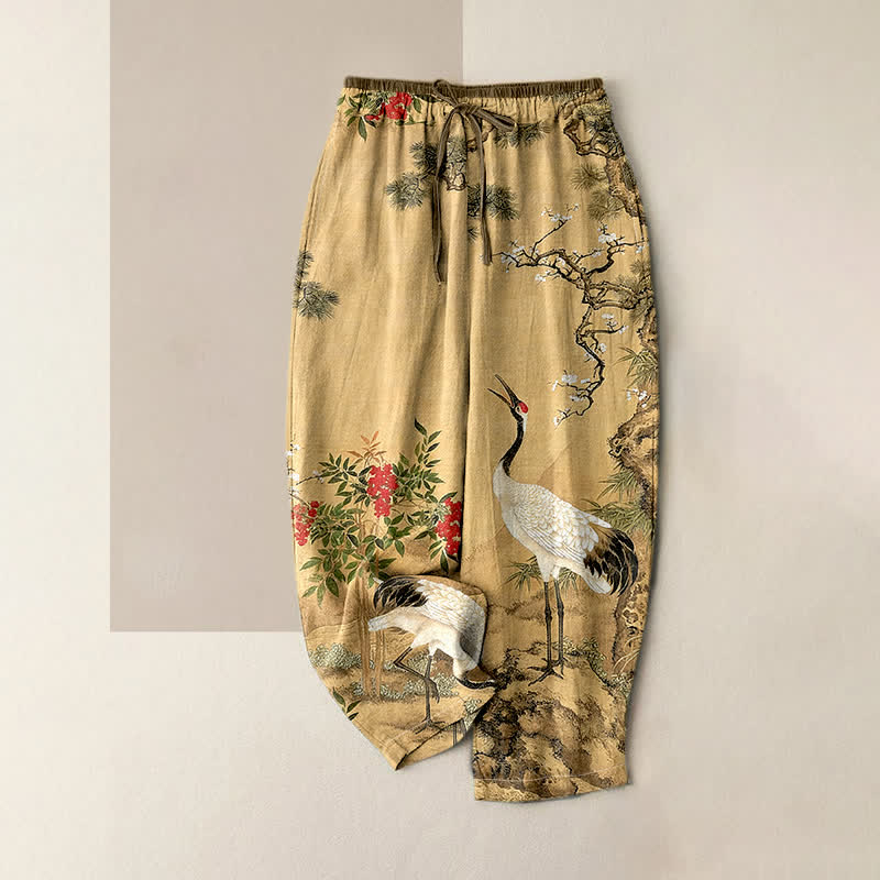 Buddha Stones Damenhose aus reiner Baumwolle mit Kranich- und Kiefernmuster, elastischem Bund und Taschen - Weizen - US16, UK/AU20, EU48 (3XL) - image 0