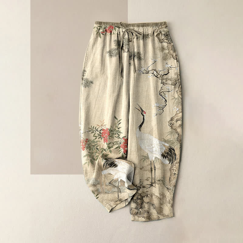 Buddha Stones Damenhose aus reiner Baumwolle mit Kranich- und Kiefernmuster, elastischem Bund und Taschen - Beige - US16, UK/AU20, EU48 (3XL) - image 3