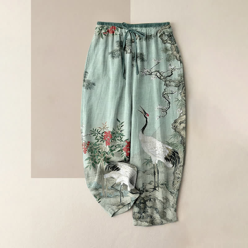 Buddha Stones Damenhose aus reiner Baumwolle mit Kranich- und Kiefernmuster, elastischem Bund und Taschen - Helltürkis - US16, UK/AU20, EU48 (3XL) - image 4