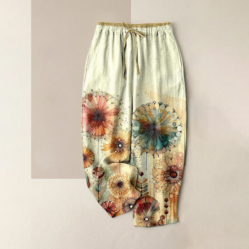 Buddha Stones Damenhose aus reiner Baumwolle mit Aquarell-Mandala-Blumenmuster, elastischem Bund und Taschen - Hellgelb - US16, UK/AU20, EU48 (3XL) - image 0