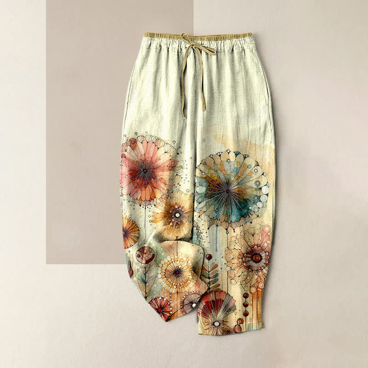 Buddha Stones Damenhose aus reiner Baumwolle mit Aquarell-Mandala-Blumenmuster, elastischem Bund und Taschen - Hellgelb - US16, UK/AU20, EU48 (3XL) - image 0