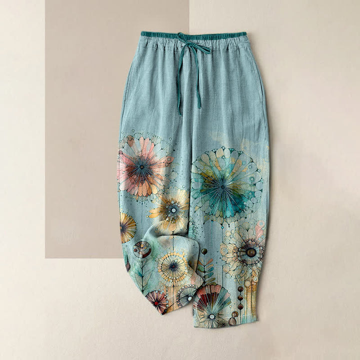 Buddha Stones Damenhose aus reiner Baumwolle mit Aquarell-Mandala-Blumenmuster, elastischem Bund und Taschen - Hellblau - US16, UK/AU20, EU48 (3XL) - image 3