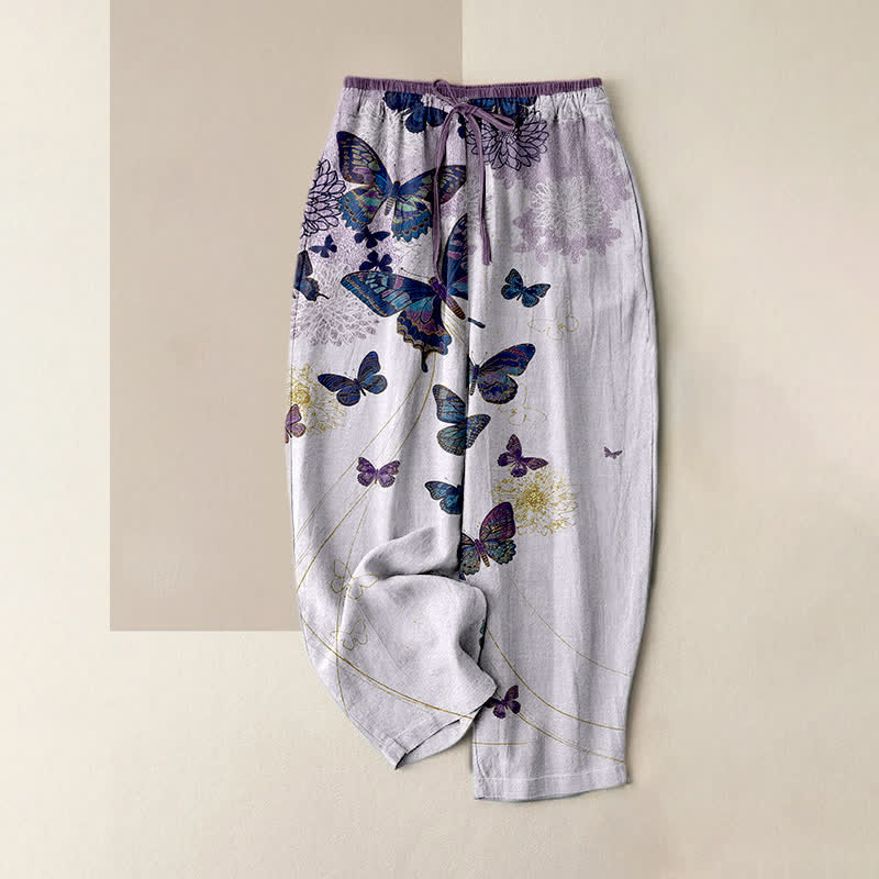 Buddha Stones Damenhose aus reiner Baumwolle mit böhmischem Schmetterlings- und Blumenmuster, elastischem Bund und Taschen - Lavendel - US16, UK/AU20, EU48 (3XL) - image 0