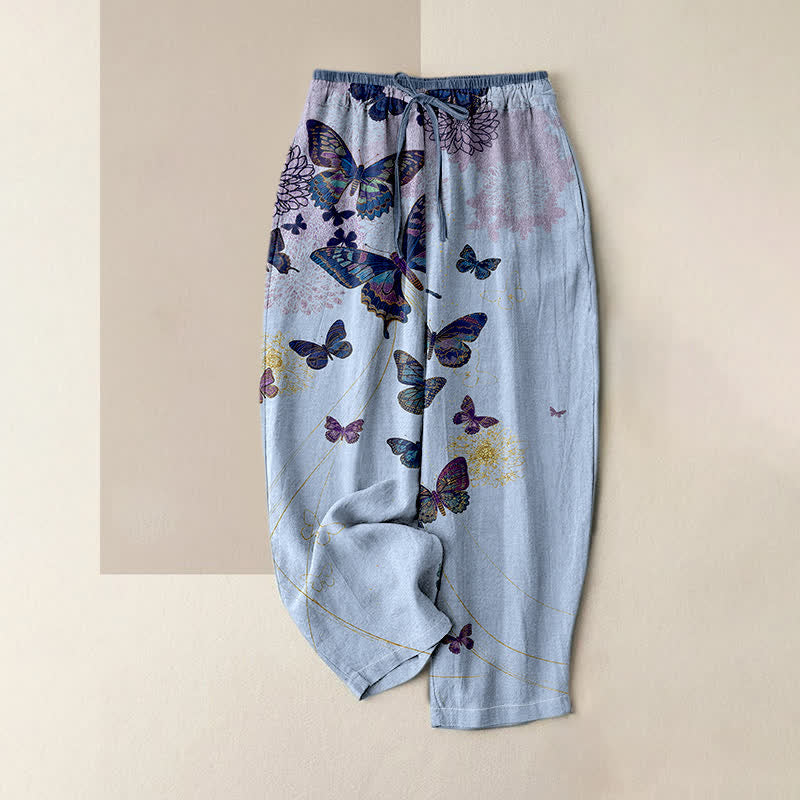 Buddha Stones Damenhose aus reiner Baumwolle mit böhmischem Schmetterlings- und Blumenmuster, elastischem Bund und Taschen - Hellblau - US16, UK/AU20, EU48 (3XL) - image 3