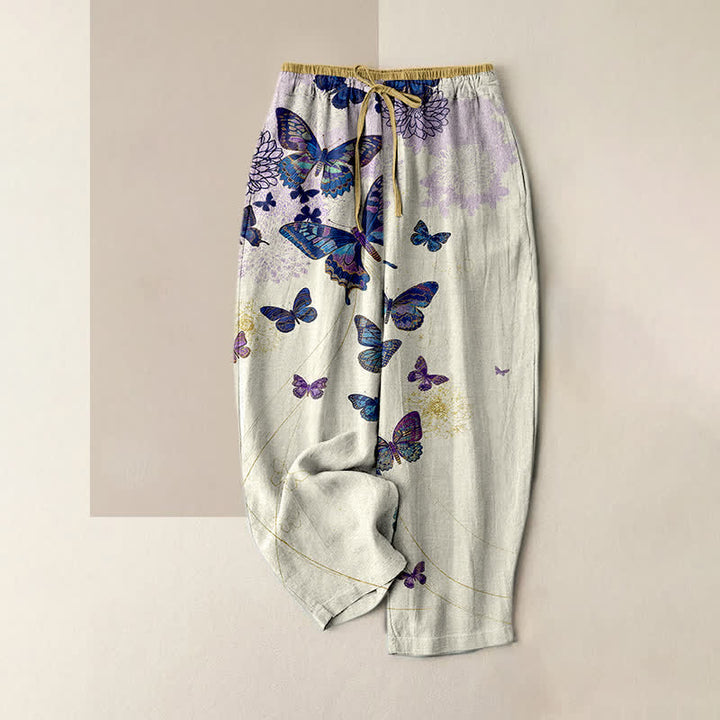 Buddha Stones Damenhose aus reiner Baumwolle mit böhmischem Schmetterlings- und Blumenmuster, elastischem Bund und Taschen - Elfenbein - US16, UK/AU20, EU48 (3XL) - image 4