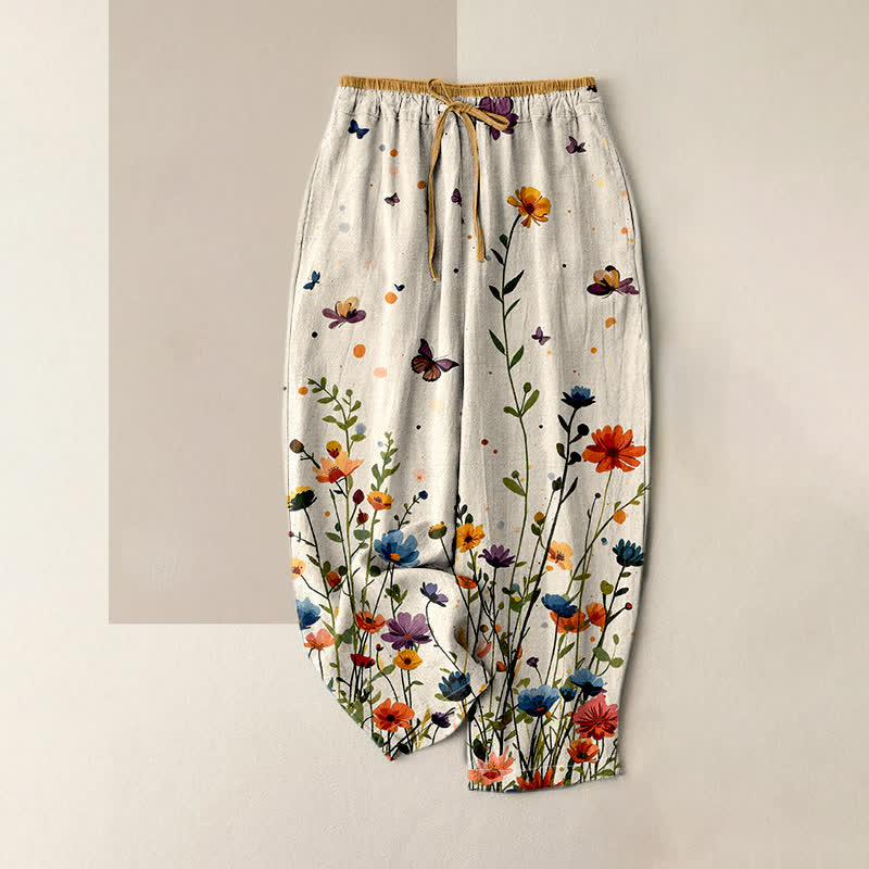 Buddha Stones Damenhose aus reiner Baumwolle mit böhmischem Blumen- und Schmetterlingsmuster, elastischem Bund und Taschen - Elfenbein - US16, UK/AU20, EU48 (3XL) - image 0