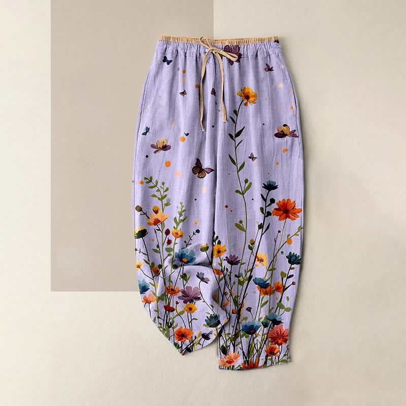 Buddha Stones Damenhose aus reiner Baumwolle mit böhmischem Blumen- und Schmetterlingsmuster, elastischem Bund und Taschen - Lavendel - US16, UK/AU20, EU48 (3XL) - image 3