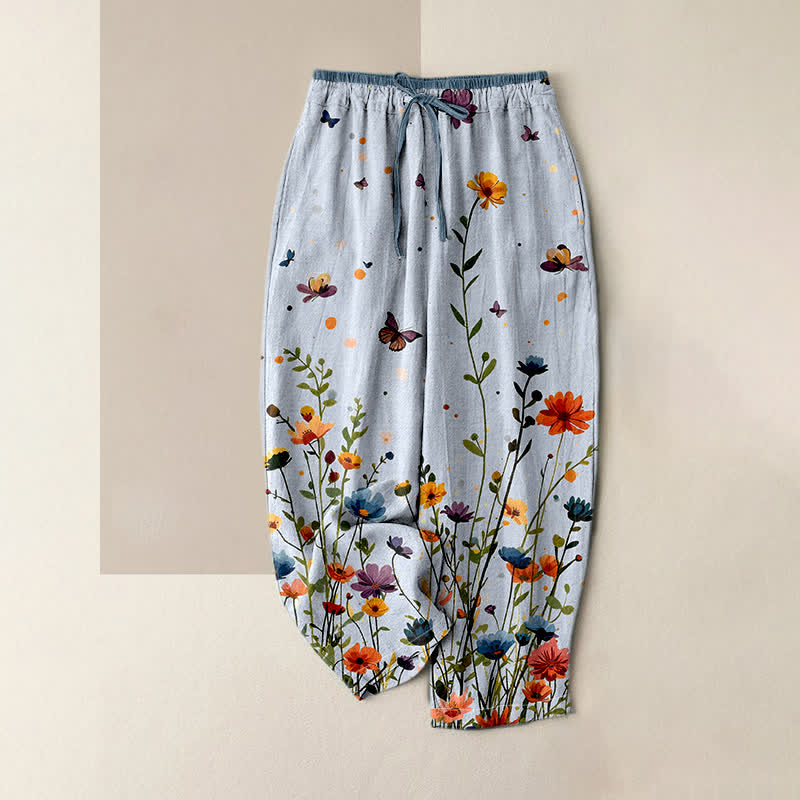Buddha Stones Damenhose aus reiner Baumwolle mit böhmischem Blumen- und Schmetterlingsmuster, elastischem Bund und Taschen - Hellblau - US16, UK/AU20, EU48 (3XL) - image 4