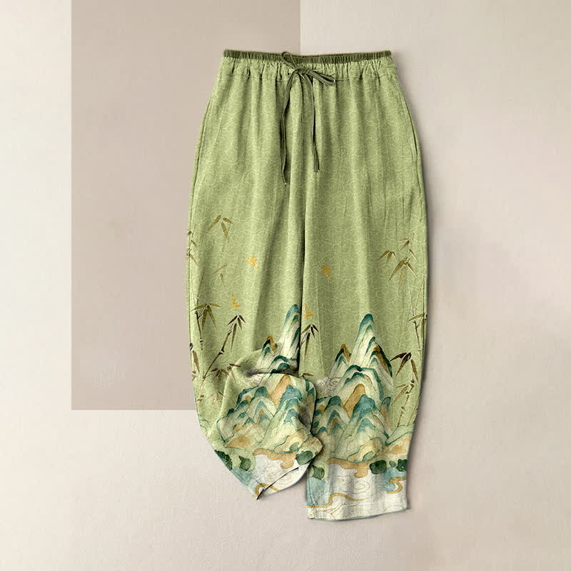 Buddha Stones Damenhose aus reiner Baumwolle mit Berg-Bambus-Muster, elastischem Bund und Taschen - Dunkelseegrün - US16, UK/AU20, EU48 (3XL) - image 0
