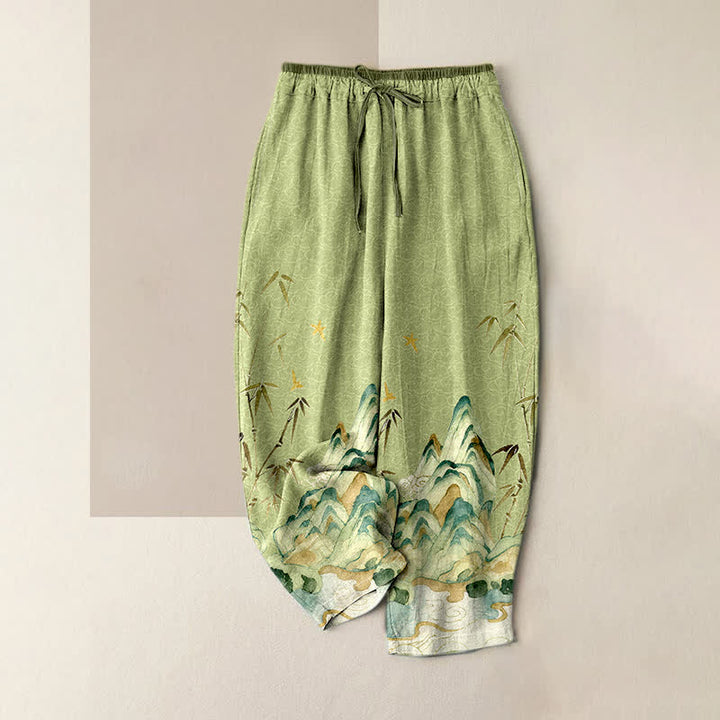 Buddha Stones Damenhose aus reiner Baumwolle mit Berg-Bambus-Muster, elastischem Bund und Taschen - Dunkelseegrün - US16, UK/AU20, EU48 (3XL) - image 0