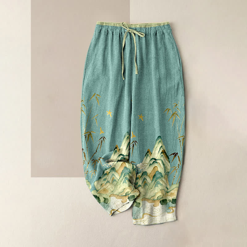 Buddha Stones Damenhose aus reiner Baumwolle mit Berg-Bambus-Muster, elastischem Bund und Taschen - Türkis - US16, UK/AU20, EU48 (3XL) - image 3