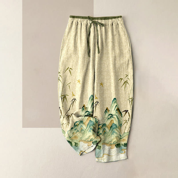 Buddha Stones Damenhose aus reiner Baumwolle mit Berg-Bambus-Muster, elastischem Bund und Taschen - Beige - US16, UK/AU20, EU48 (3XL) - image 4