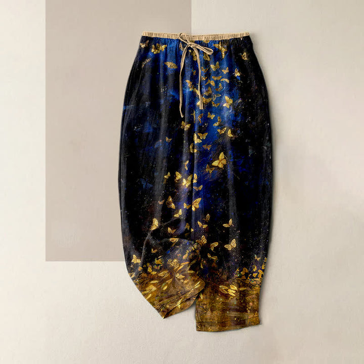 Buddha Stones Damenhose aus reiner Baumwolle mit goldenem Schmetterlingsmuster und elastischem Bund, Taschen und Goldverlauf - Mitternachtsblau - US16, UK/AU20, EU48 (3XL) - image 0