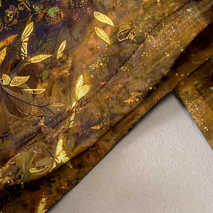 Buddha Stones Damenhose aus reiner Baumwolle mit goldenem Schmetterlingsmuster und elastischem Bund, Taschen und Goldverlauf - image 2