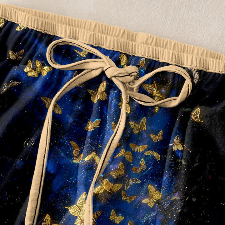 Buddha Stones Damenhose aus reiner Baumwolle mit goldenem Schmetterlingsmuster und elastischem Bund, Taschen und Goldverlauf - image 1
