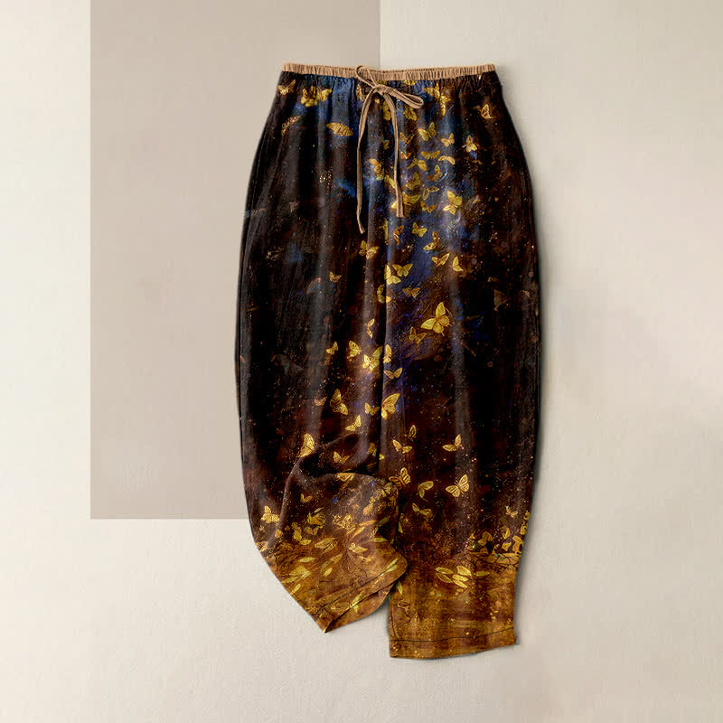 Buddha Stones Damenhose aus reiner Baumwolle mit goldenem Schmetterlingsmuster und elastischem Bund, Taschen und Goldverlauf - Sattelbraun - US16, UK/AU20, EU48 (3XL) - image 4