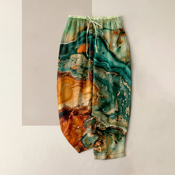 Buddha Stones Damen-Hose aus Baumwolle mit Marmor-Wellenmuster, elastischem Bund und Taschen - Dunkelseegrün - US16, UK/AU20, EU48 (3XL) - image 0