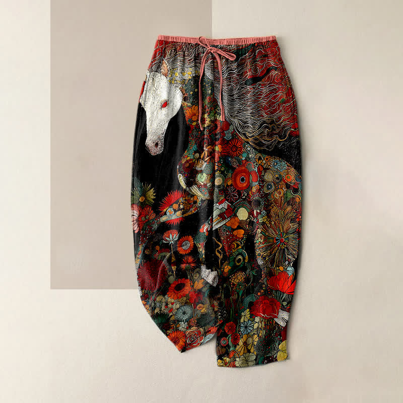Buddha Stones Damenhose aus reiner Baumwolle mit böhmischem Blumen- und Pferdemuster, elastischem Bund und Taschen - Schwarz - US16, UK/AU20, EU48 (3XL) - image 0