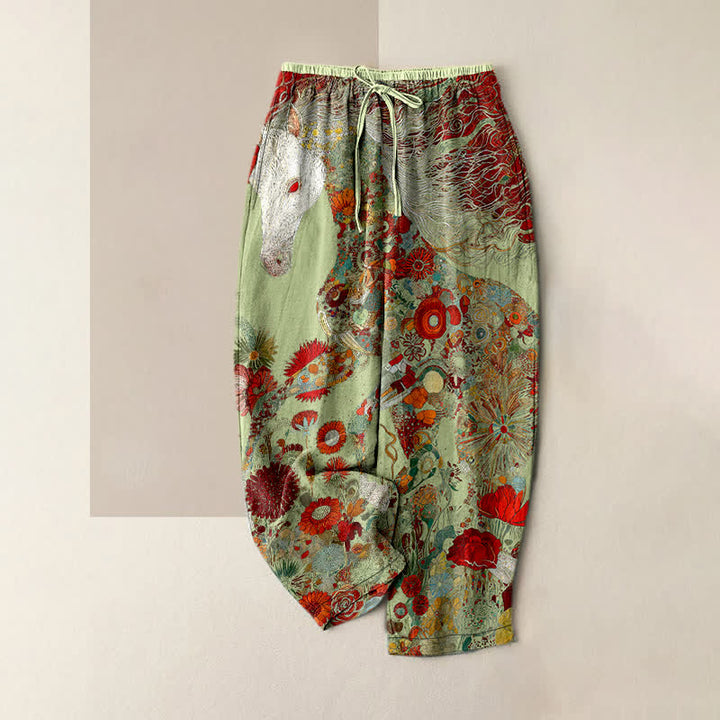 Buddha Stones Damenhose aus reiner Baumwolle mit böhmischem Blumen- und Pferdemuster, elastischem Bund und Taschen - Dunkelseegrün - US16, UK/AU20, EU48 (3XL) - image 4