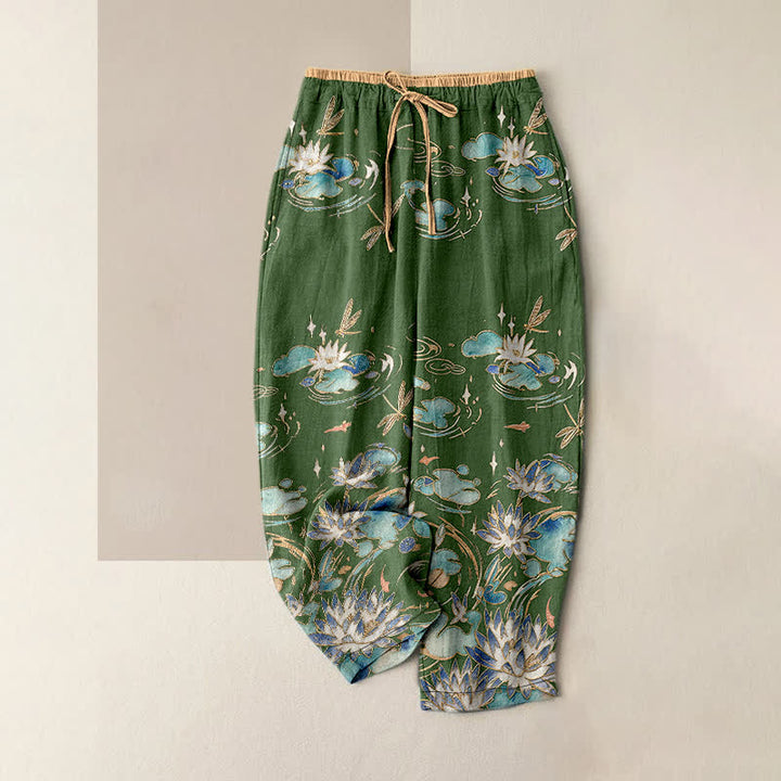 Buddha Stones Damenhose aus reiner Baumwolle mit Lotus-Wellenmuster, elastischem Bund und Taschen - Dunkelolivgrün - US16, UK/AU20, EU48 (3XL) - image 0