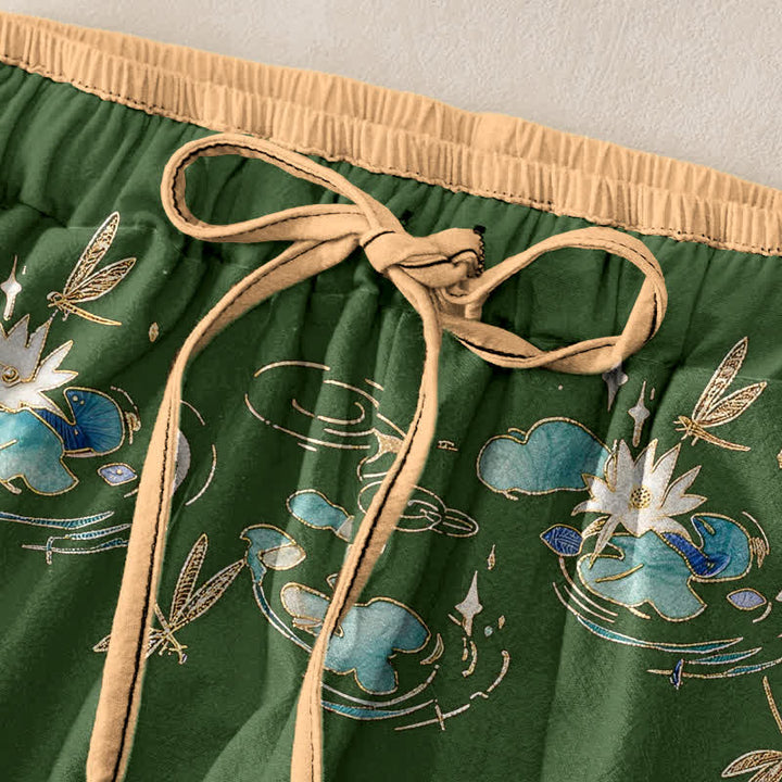 Buddha Stones Damenhose aus reiner Baumwolle mit Lotus-Wellenmuster, elastischem Bund und Taschen - image 1