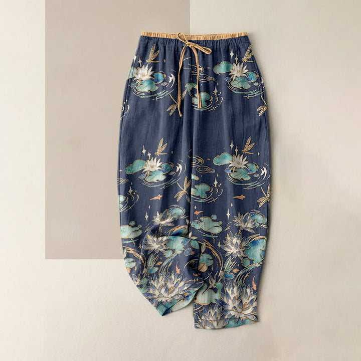 Buddha Stones Damenhose aus reiner Baumwolle mit Lotus-Wellenmuster, elastischem Bund und Taschen - Marine - US16, UK/AU20, EU48 (3XL) - image 4