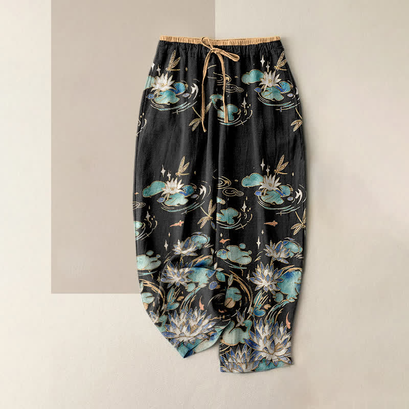 Buddha Stones Damenhose aus reiner Baumwolle mit Lotus-Wellenmuster, elastischem Bund und Taschen - Schwarz - US16, UK/AU20, EU48 (3XL) - image 5