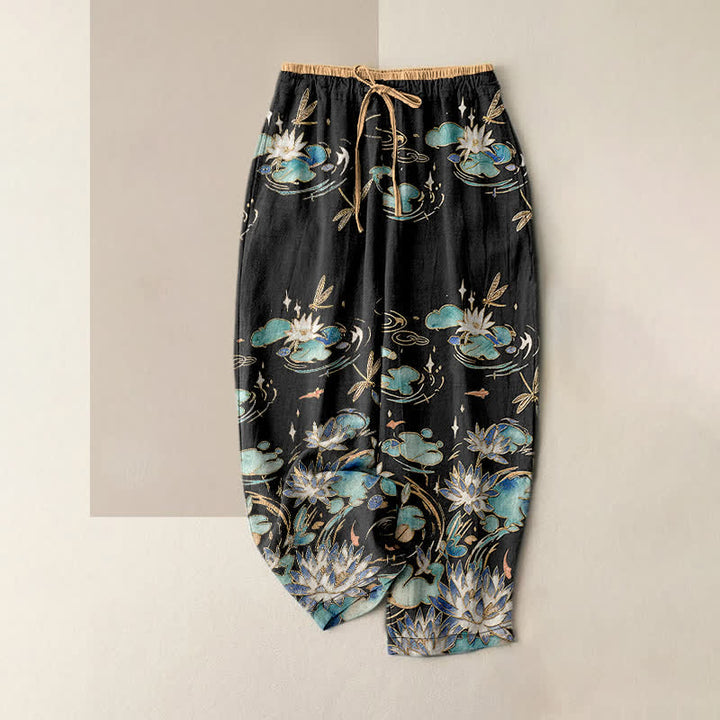 Buddha Stones Damenhose aus reiner Baumwolle mit Lotus-Wellenmuster, elastischem Bund und Taschen - Schwarz - US16, UK/AU20, EU48 (3XL) - image 5