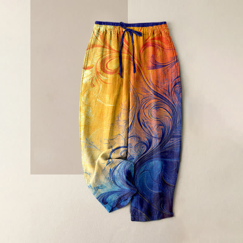 Buddha Stones Damenhose aus reiner Baumwolle mit Sonnenuntergangs-Wirbelmuster, elastischem Bund und Taschen - Orange - US16, UK/AU20, EU48 (3XL) - image 0