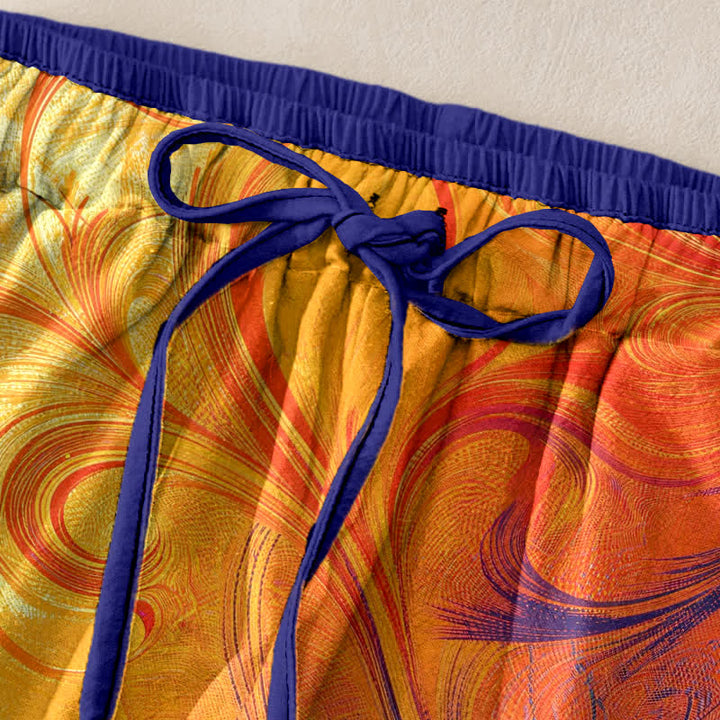 Buddha Stones Damenhose aus reiner Baumwolle mit Sonnenuntergangs-Wirbelmuster, elastischem Bund und Taschen - image 1