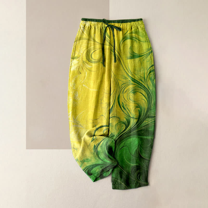 Buddha Stones Damenhose aus reiner Baumwolle mit Sonnenuntergangs-Wirbelmuster, elastischem Bund und Taschen - GrünGelb - US16, UK/AU20, EU48 (3XL) - image 5