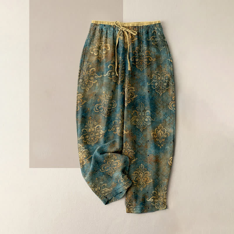 Buddha Stones Vintage-Damenhose mit Damastmuster, elastischem Bund und Taschen - Türkis - US16, UK/AU20, EU48 (3XL) - image 0