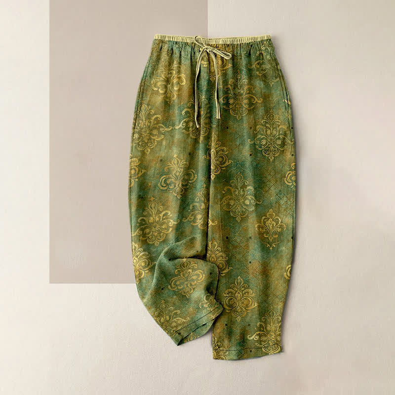 Buddha Stones Vintage-Damenhose mit Damastmuster, elastischem Bund und Taschen - Olivgrün - US16, UK/AU20, EU48 (3XL) - image 4