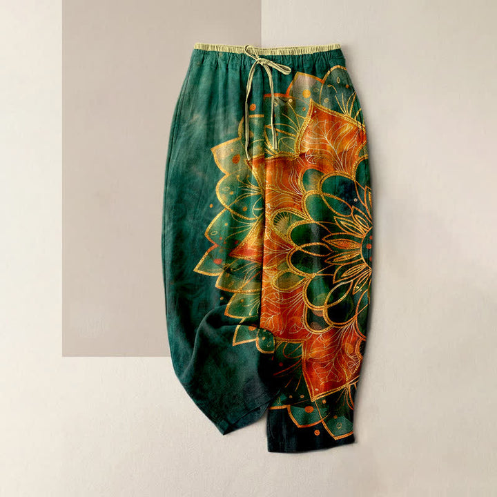 Buddha Stones Damenhose aus reiner Baumwolle mit goldenem Mandala-Muster, elastischem Bund und Taschen - SeaGreen - US16, UK/AU20, EU48 (3XL) - image 0