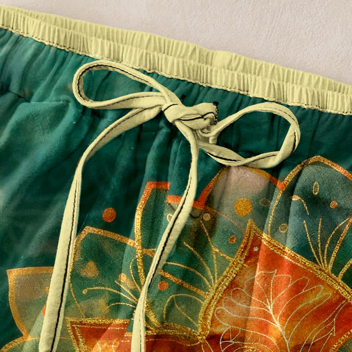 Buddha Stones Damenhose aus reiner Baumwolle mit goldenem Mandala-Muster, elastischem Bund und Taschen - image 1