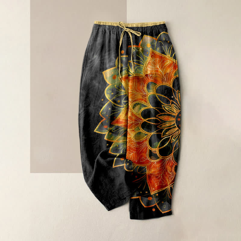 Buddha Stones Damenhose aus reiner Baumwolle mit goldenem Mandala-Muster, elastischem Bund und Taschen - Schwarz - US16, UK/AU20, EU48 (3XL) - image 5