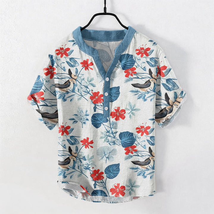 Buddha Stones Kurzarmhemd aus Baumwolle mit tropischem Blumen- und Vogelmuster für Herren, halb geknöpft - Hellstahlblau - US/UK/AU50, EU60 (5XL) - image 0