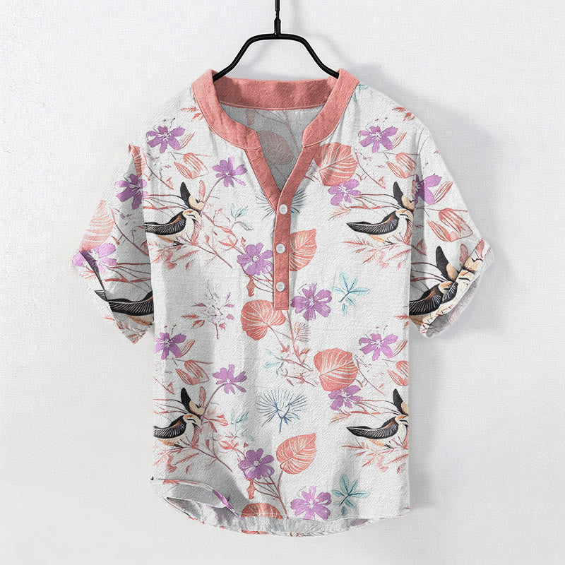 Buddha Stones Kurzarmhemd aus Baumwolle mit tropischem Blumen- und Vogelmuster für Herren, halb geknöpft - MistyRose - US/UK/AU50, EU60 (5XL) - image 5