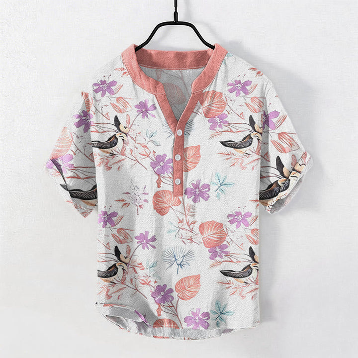 Buddha Stones Kurzarmhemd aus Baumwolle mit tropischem Blumen- und Vogelmuster für Herren, halb geknöpft - MistyRose - US/UK/AU50, EU60 (5XL) - image 5