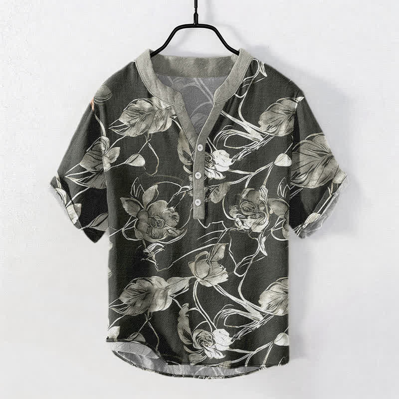 Buddha Stones Kurzarmhemd aus Baumwolle mit botanischem Blumen- und Blättermuster, halb geknöpft, Herren - Schwarz - US/ UK/AU50, EU60 (5XL) - image 0