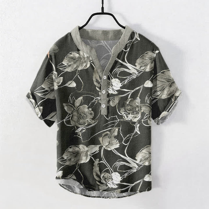 Buddha Stones Kurzarmhemd aus Baumwolle mit botanischem Blumen- und Blättermuster, halb geknöpft, Herren - Schwarz - US/ UK/AU50, EU60 (5XL) - image 0